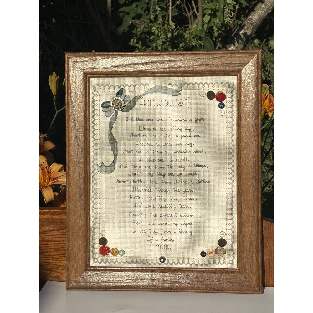 "Family Buttons" Completed Cross Stitch Embellished Large Wood Frame